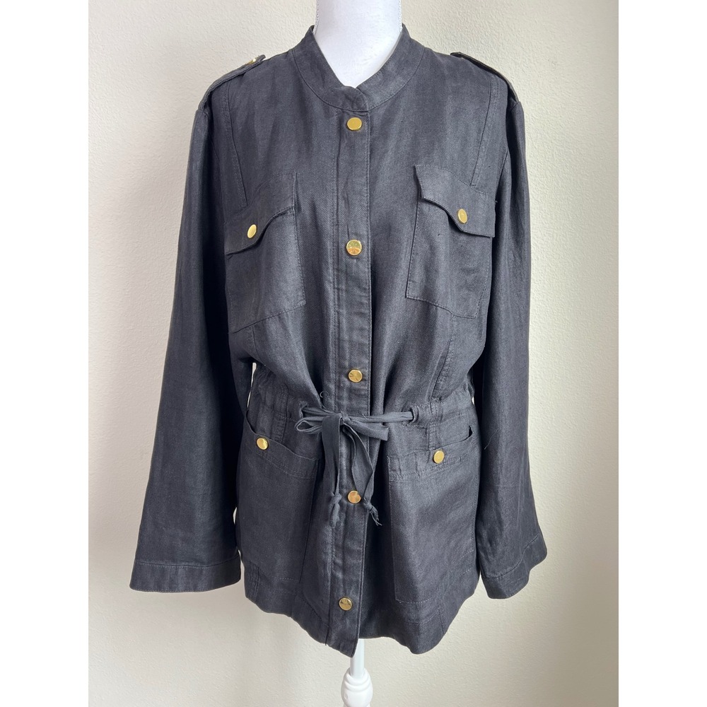 Chicos 3 Linen Military Safari Utility Jacket XL Black Minimalist Travel Resort